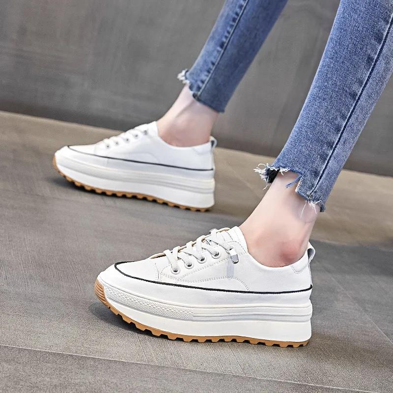 Fashion 5CM Genuine Leather Women Shoes Platform Wedge Skate Boarding High Brand Heels Casual Summer Vulcanize Shoes Spring Autumn Shoes