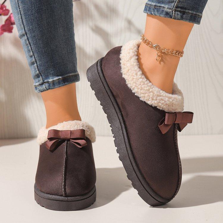Autumn Winter Women's Footwear Plush Snow Boots Bow-tie Suede Warm Slip On Round Toe Boots Non-slip Thick Bottom Women Shoes