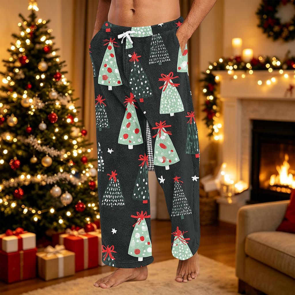 Pantalones de Pijama de Felpa con Estampado Navideño Casual para Hombre Ropa de Dormir para las Fiestas