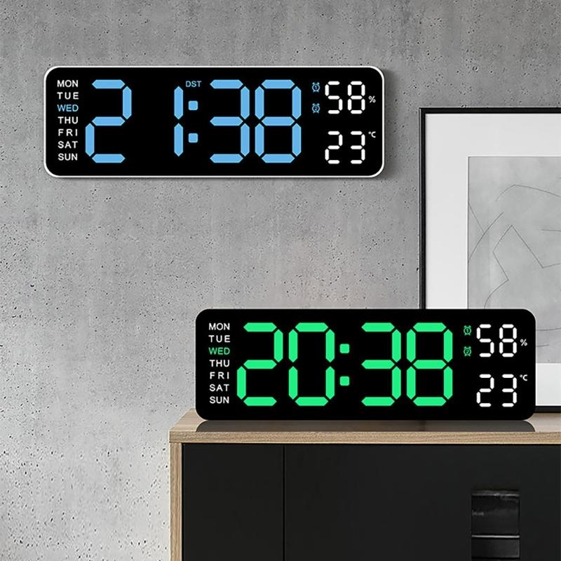 Multifunctional LED Wall Clock with Temperature Display Adjustment Brightness and 2 Alarms 12/24 Hour Memory Function