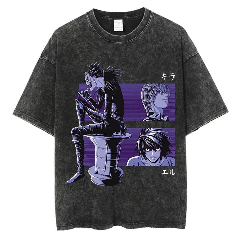 Harajuku Retro Washed T-shirt Anime Graphic Printed T-shirt Oversized Fashionable Streetwear Unisex T-shirt