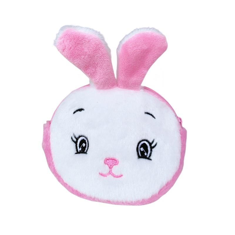 Cute Plush Coin Purse With Bear Head Design Cartoon Print Polyester Material