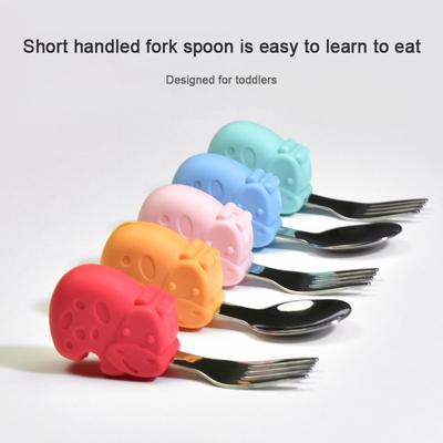 2pcs Cartoon Elephant Children's Spoon Baby Short Handle Stainless Steel Spoon Fork Tableware Set Toddler Baby Dinnerware