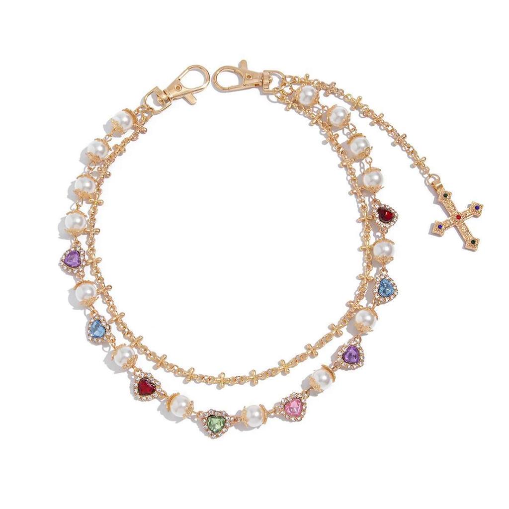 PuRui Double Layer Jesus Cross Pendant Jeans Pant Alloy Chain Men Fashion Love Heart Colorful Rhinestone Belt Chain Y2K Zircon