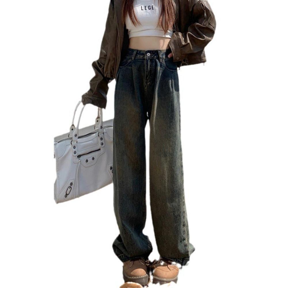 Wide-leg jeans women's autumn and winter new Korean version high-waisted thin pleated straight lazy mopping pants ins