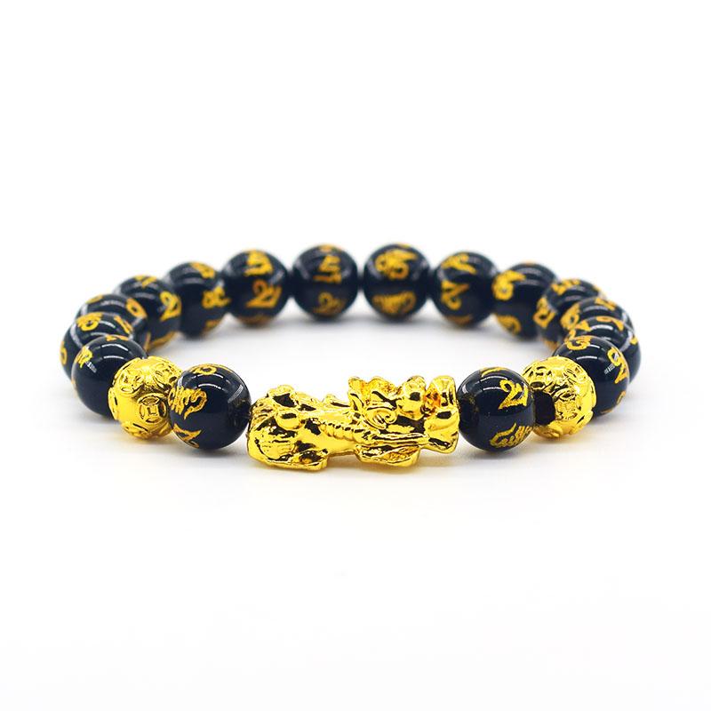 Pixiu Armband Feng Shui Rijkdom en Geluk Armband Heren Polsband Goudkleur Obisidiaan Steen Kralen Zwart Zes Karakter Cadeau