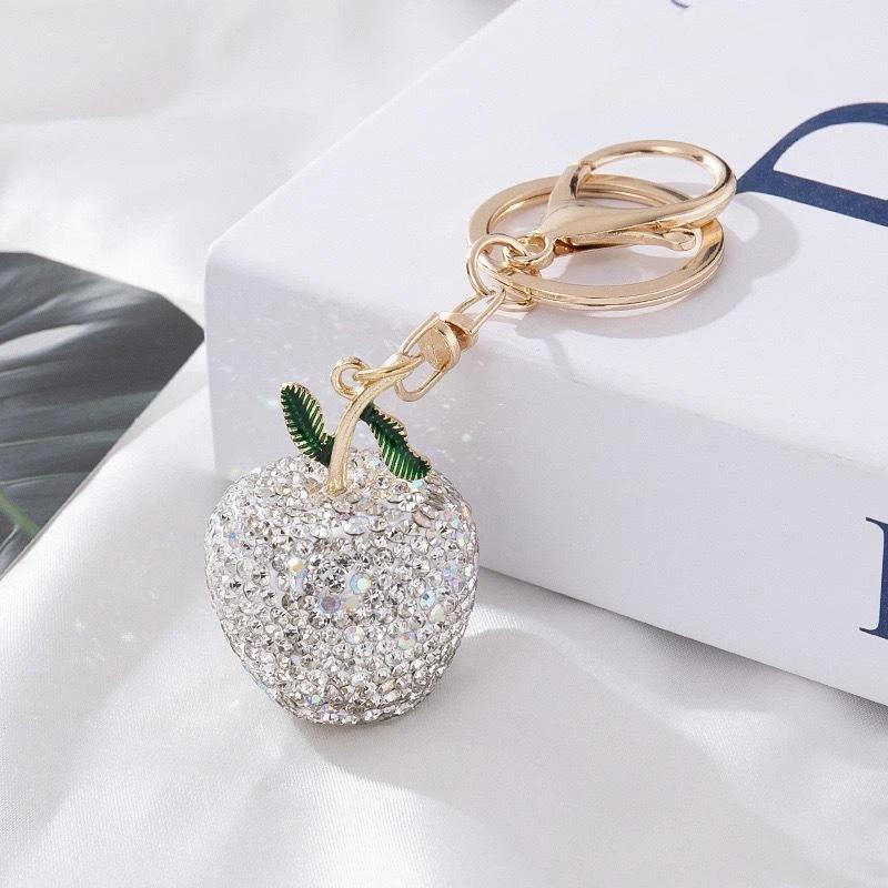Cute Full Diamond Green Keychains Crystal Fruit Pendant Key Ring Fashion Handbag Decor Jewelry Gift For Women Girls