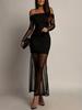 European Off-Shoulder Mesh Patchwork Slim Fit Long Sleeve Bodycon Dress