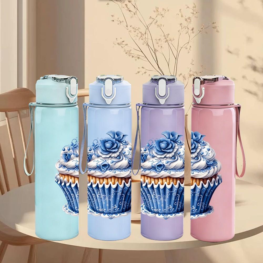 1PC Blue Frosted Cupcake 750ml Color Plastic Sports Water Bottle Leakproof Flip Straw Lid Suitable for Sports Office Home Use