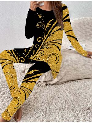 Euro-American Fashion 3D Leaf Printed Women's  Four-season Long-sleeved T-shirt + Long Pants Two-piece Set. Perfect Gift for New Year & Christmas