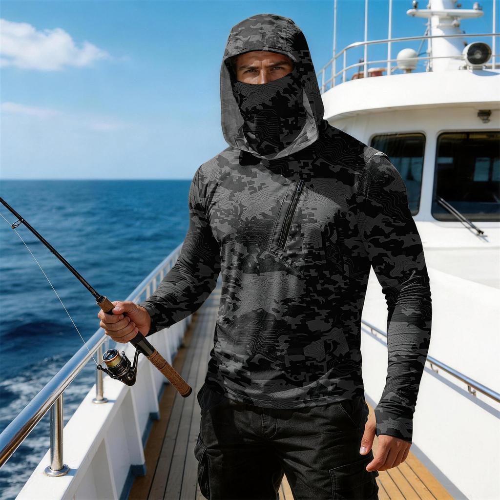 Men's Casual Camouflage Print Hooded Long Sleeve Sun Protection Shirt Lightweight Breathable Outdoor Sports Top with Zipper Pocket