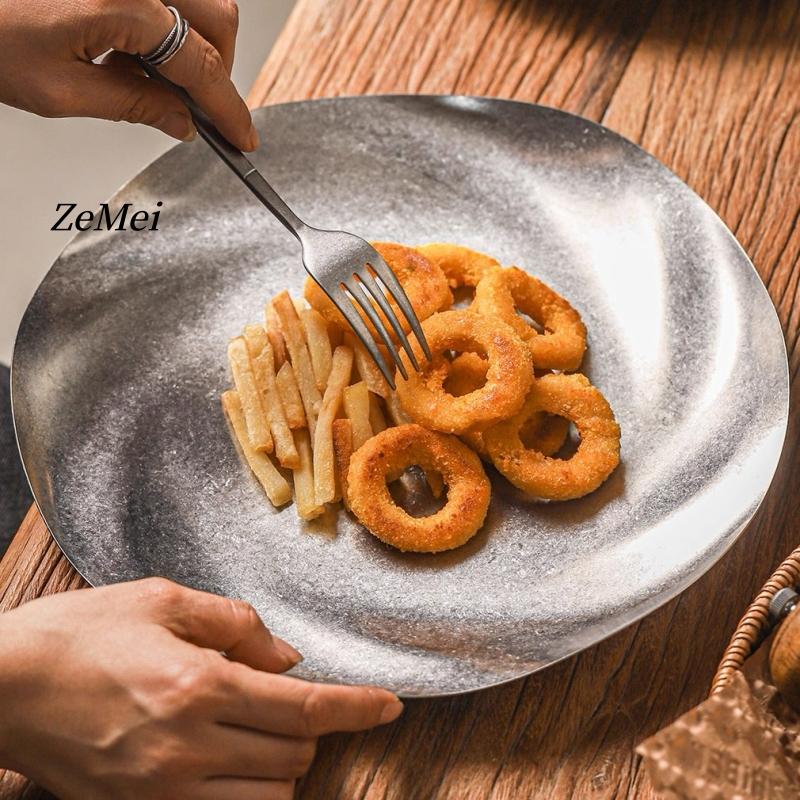 Stainless Steel Circle Dinner Plate, Home Steak Plate, Water Ripple Dinner Dishes Hamburger Fries Tray Tableware, Kitchenware