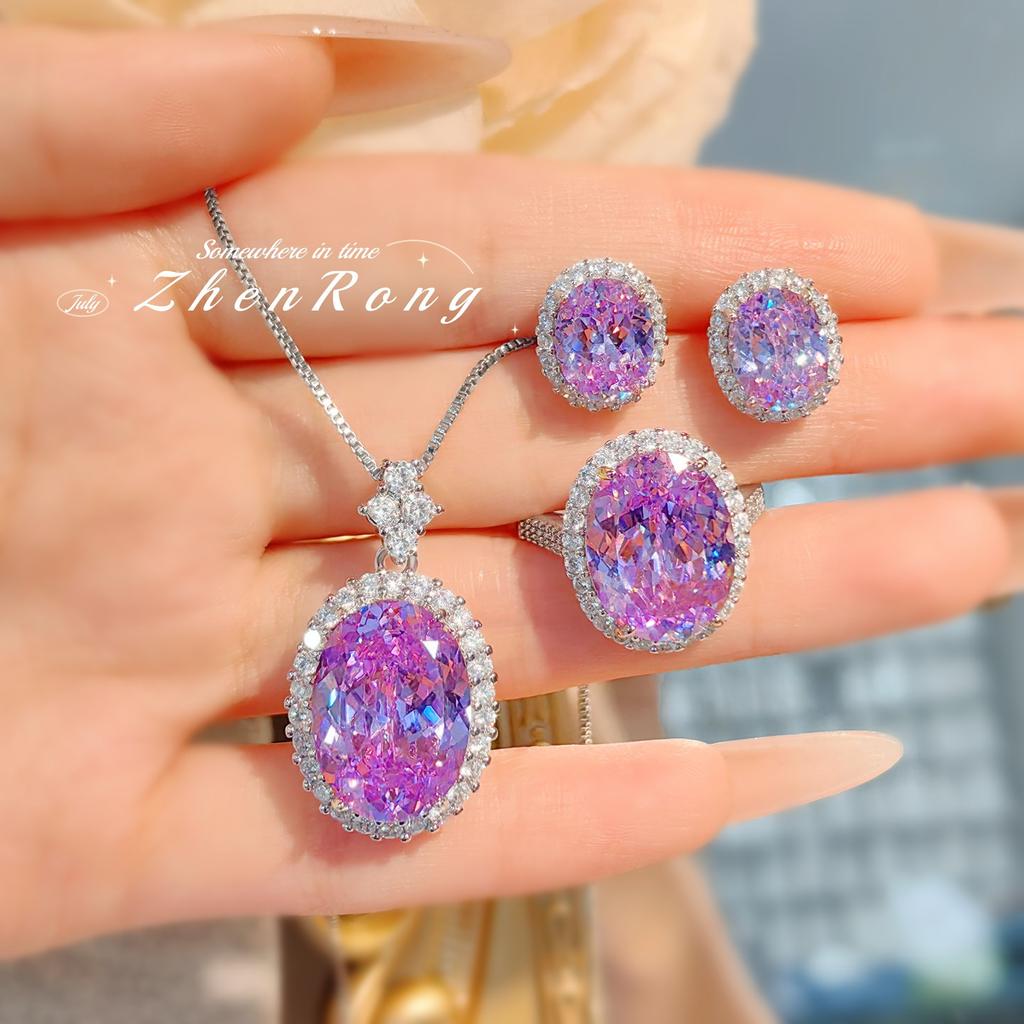 Foydjew Luxury Oval Ice Flower Cut Purple/Orange Cubic Zirconia Pendant Necklaces Earrings Rings Wedding Zircon Sets For Women