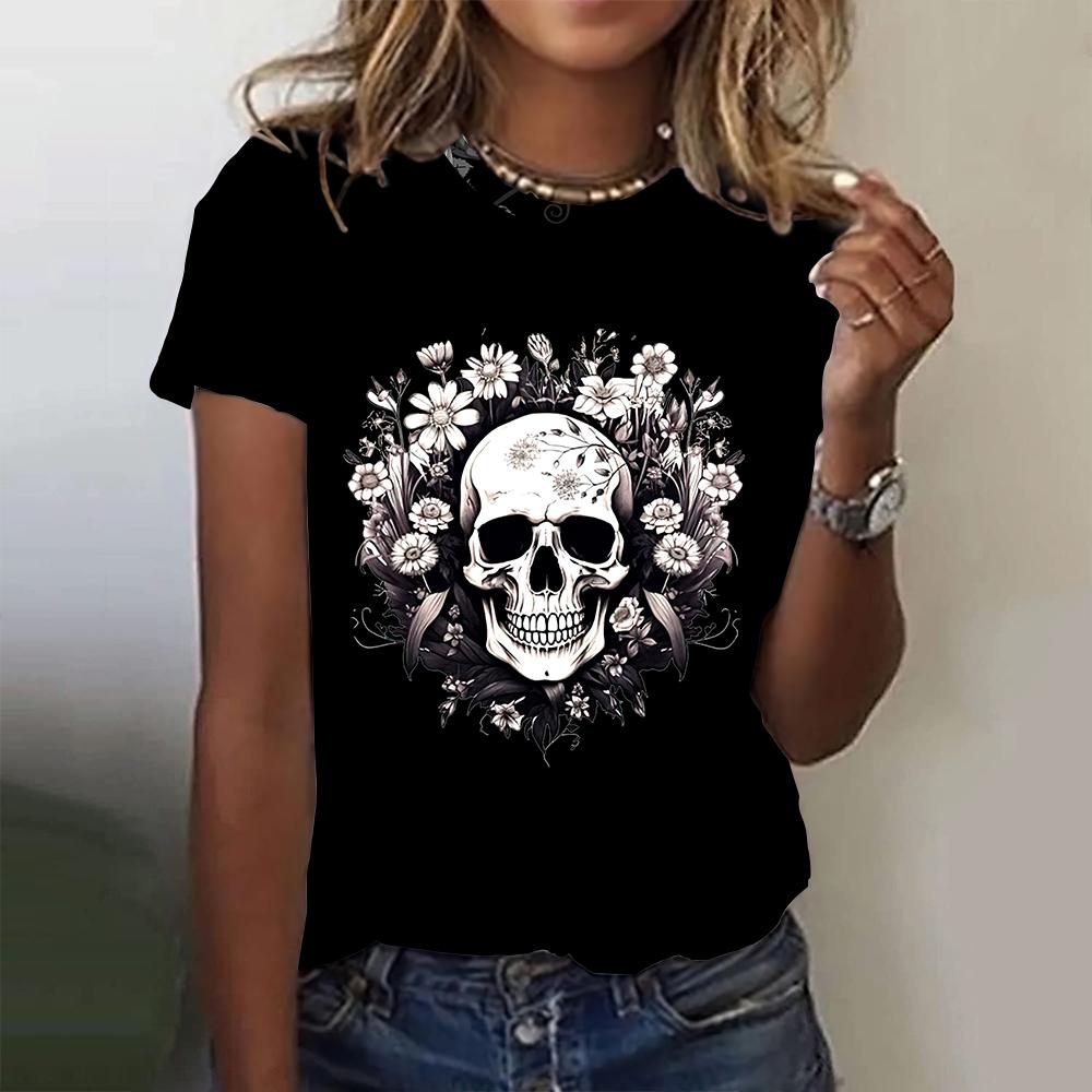 Fashion Women's T-shirts 3D Skulls Wings Print Short Sleeves Tees Summer Casual Trend Female Clothing Loose Tops Streetwear