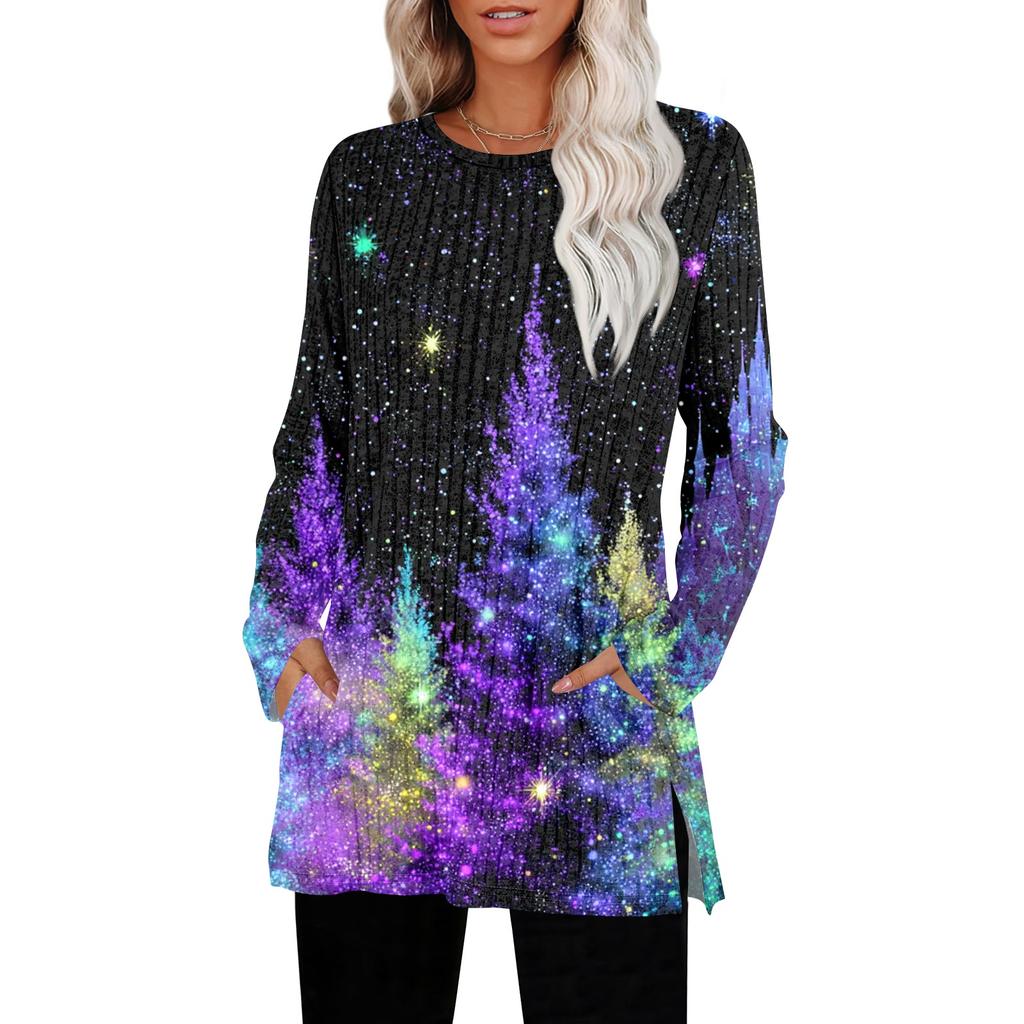 Women's Christmas Printed Round-neck Long-sleeved Top With Pockets And Side Slits