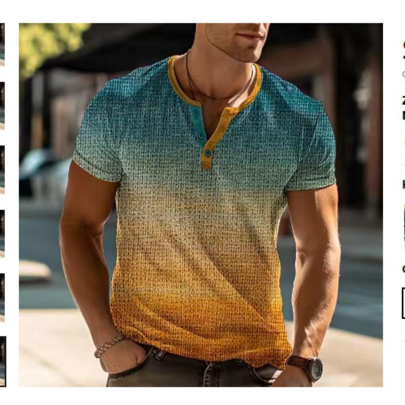 European and American semi-cardigan, casual short-sleeved digital printing slim-fit pullover Henry T-shirt top men's clothing