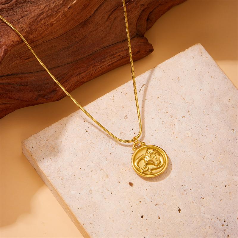 Retro New Round Double Sided Wearing 12 Constellation Pendant Titanium Steel Necklace Jewelry