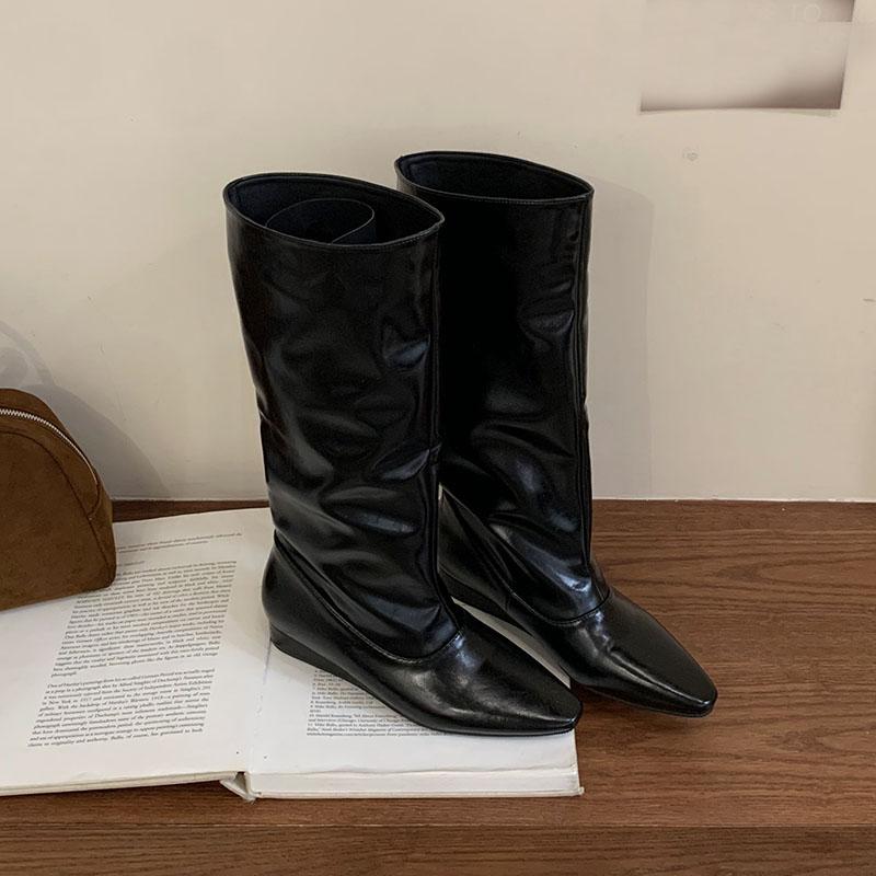 Fashion Fashion Low Heel Footwear Women Knee High Western Boots Wedges Shoes Pointed Toe Ladies Modern Boots Female Slip On Shoes