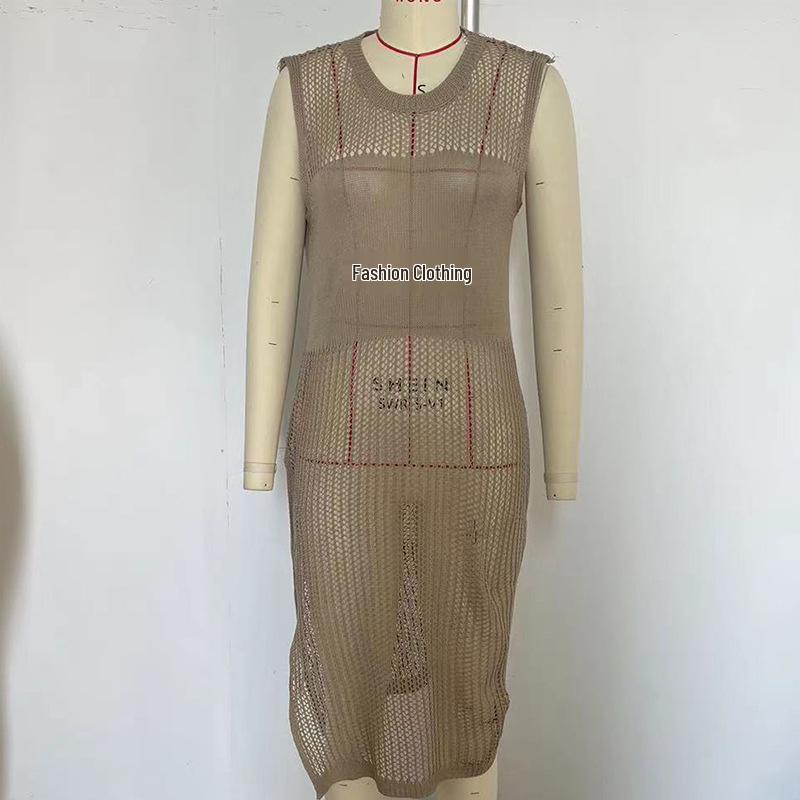 European & American Beach Vacation Sexy Solid Color Knit Split Sun Protection Maxi Dress