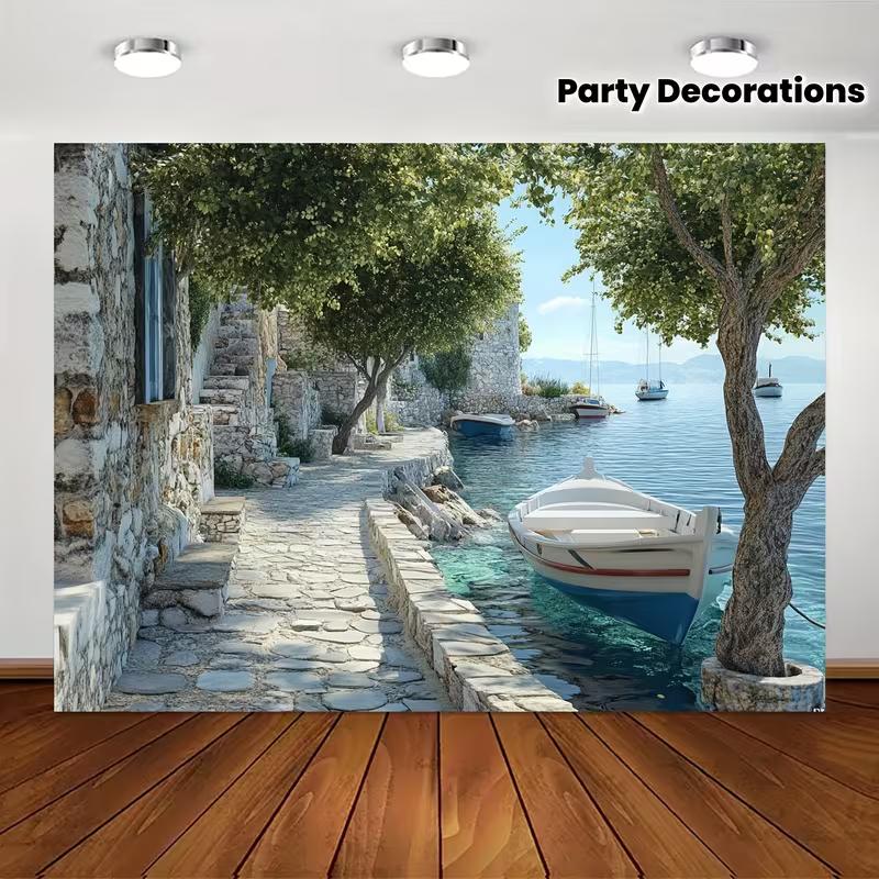 2D Mediterranean Seaside Photography Backdrop Greek Coastal Village Background