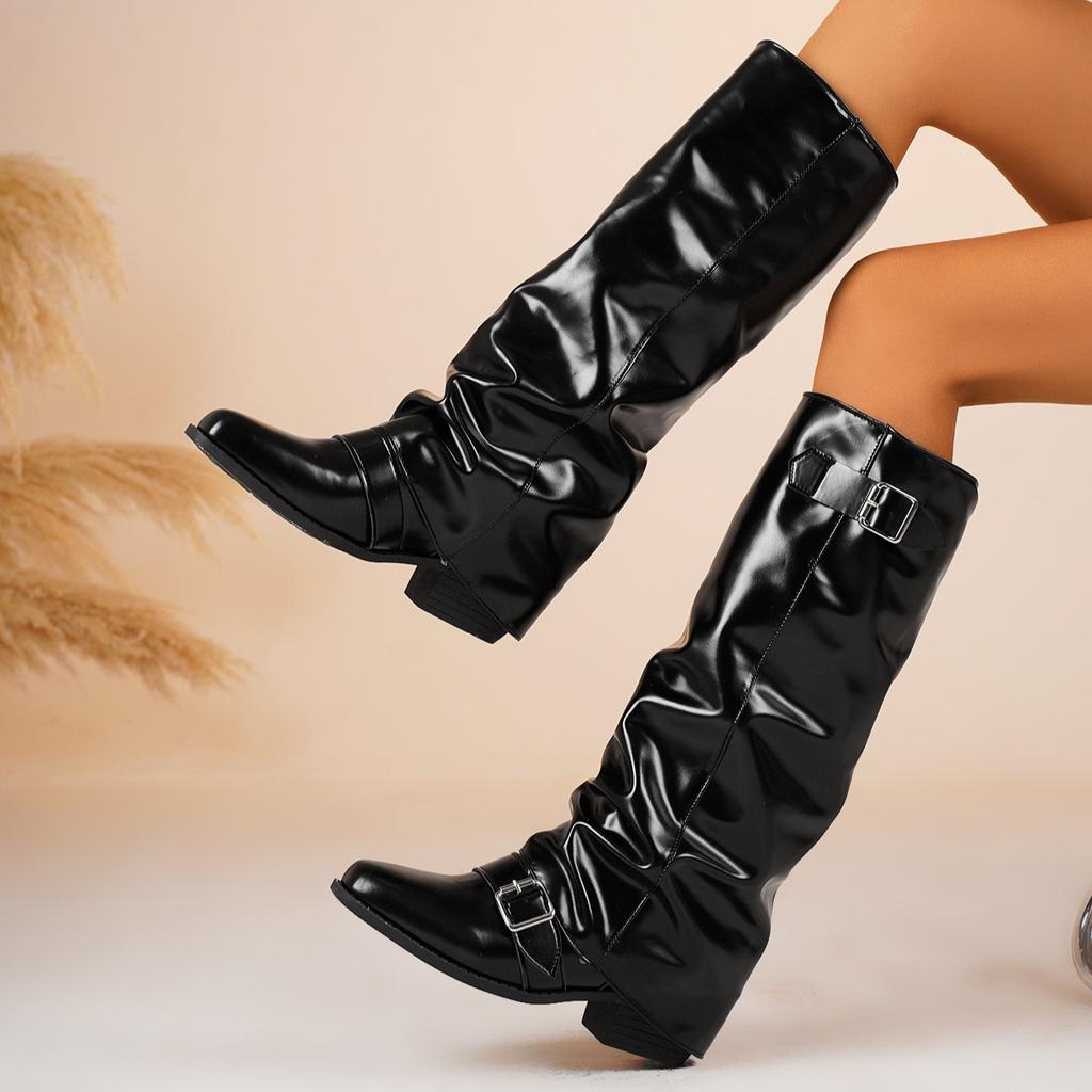 Botas Femininas Slouchy de Cano Alto até o Joelho Botas de Montaria Combate Salto Bloco Grosso Outono Inverno Antiderrapante Cano Largo Calçar Salto Baixo Botins de Caminhada Sapatos para Mulheres