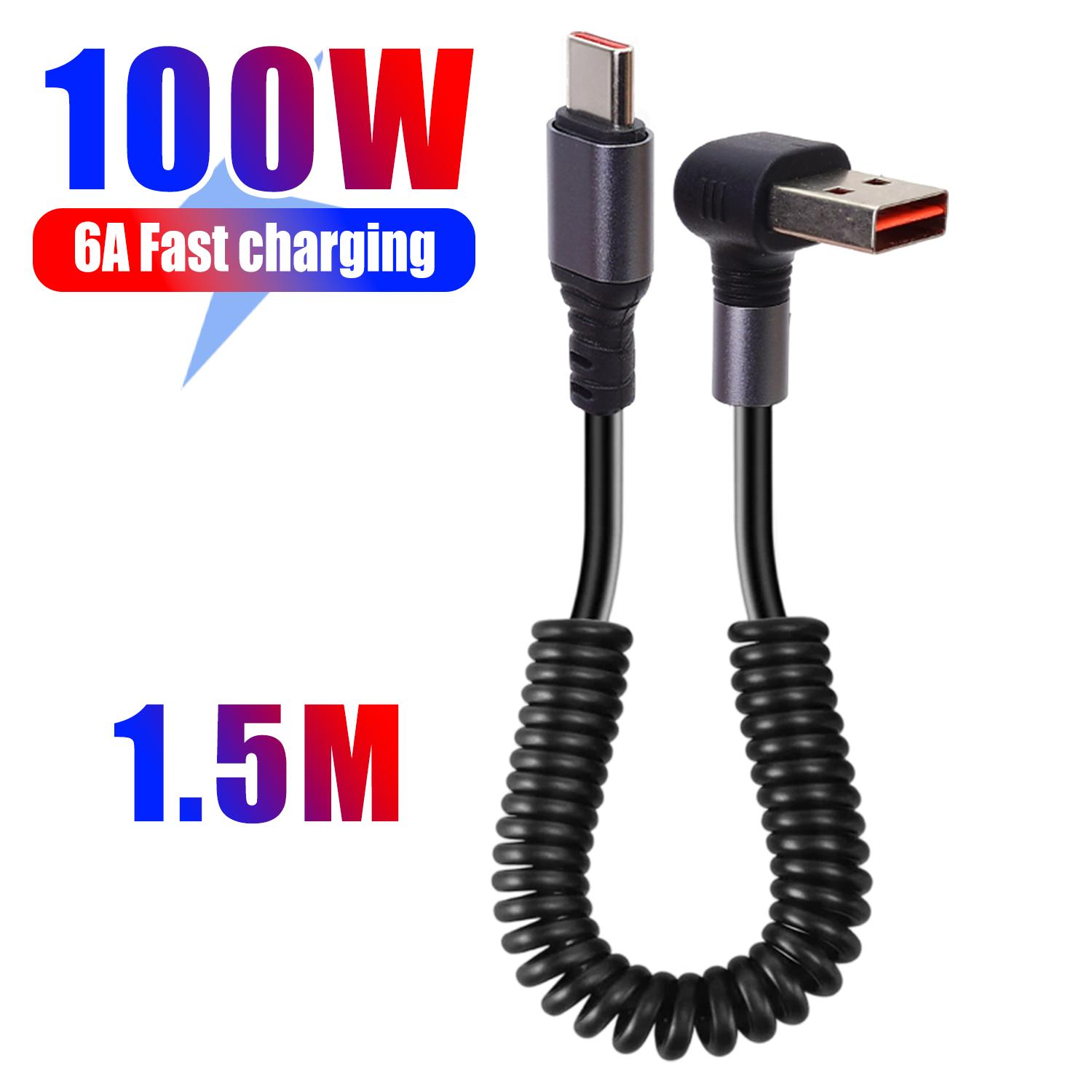 Угловой USB Type C кабель 6A Быстрая зарядка Пружинный кабель данных Для iPhone Samsung Xiaomi POCO Автомобильный выдвижной двойной USB C кабель 1.5m