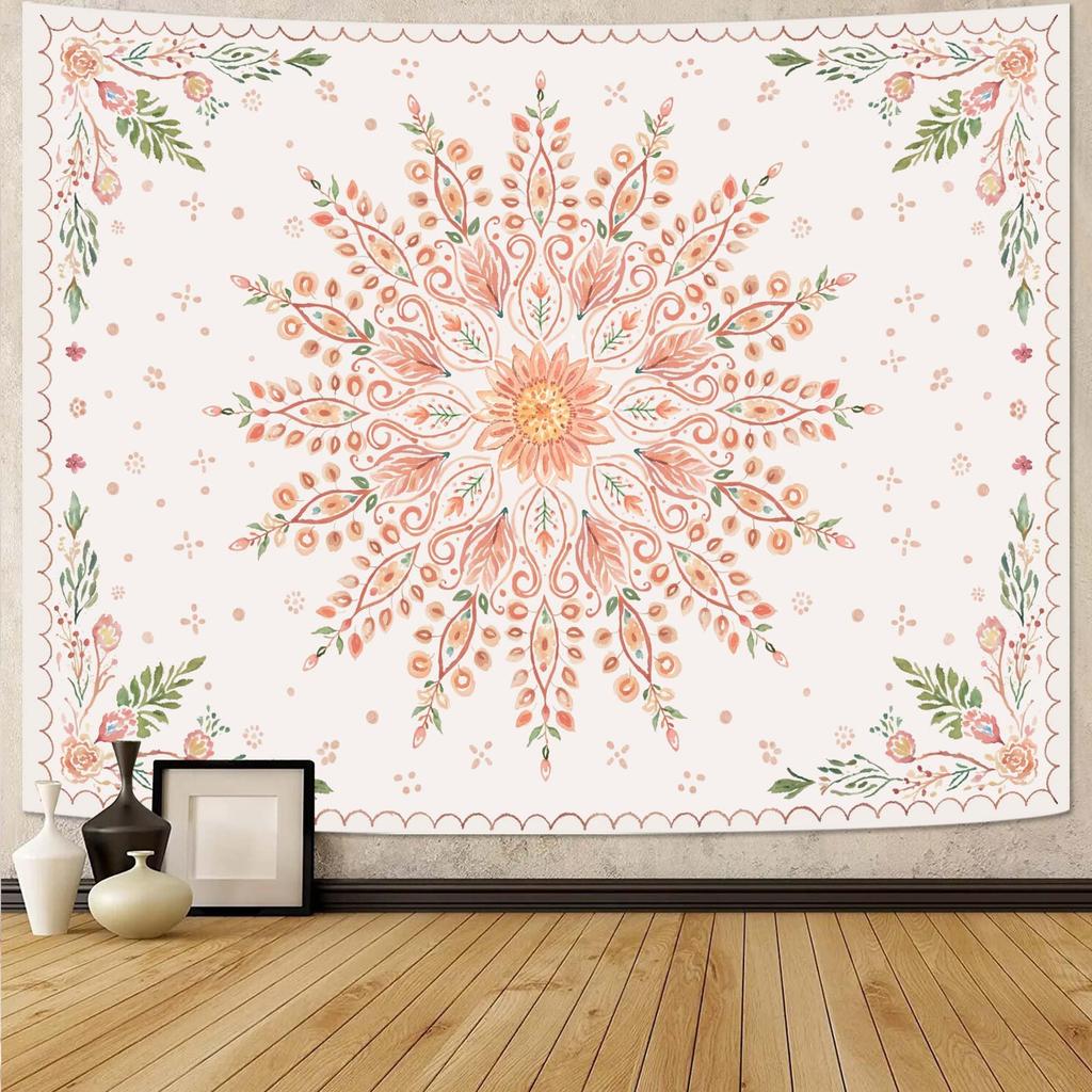 Bohemian Peacock Feather Mandala Tapestry, Colorful Floral Print with Starry Galaxy Background Large Wall Hanging for Bedroom