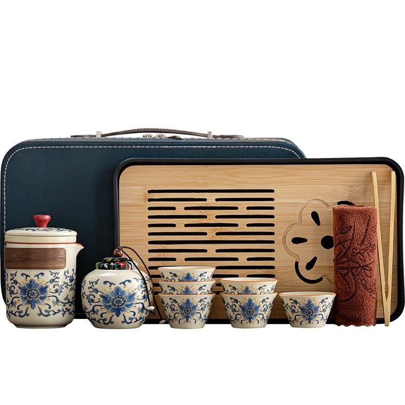High-end new Chinese retro tea set Ru kiln twisted branch lotus ancient rhyme light luxury portable leather bag gift box enterprise printing