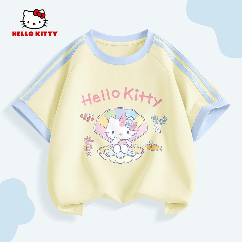 Hellokitty Girls Summer Suit 2026 New Style Girls Short-Sleeved Short Skirt Summer Dress Kidsren s Sports Two-Piece Set Tibei Honey Yellow 110