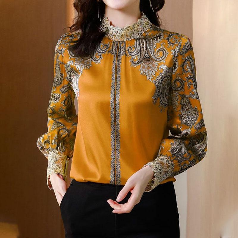 

Винтажная рубашка с кружевной вставкой и воротником-стойкой для женщин, модные блузки с принтом и длинным рукавом, 2023, новая весенне-осенняя женская одежда XXXL жёлтый