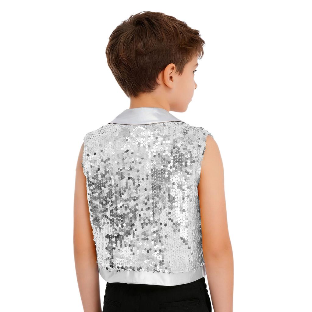 Gilet de Performance Scénique Danse Jazz pour Garçons à Franges Paillettes Scintillantes Revers de Couleur Contrastante Haut Sans Manches