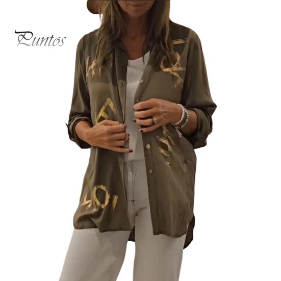 

Женская рубашка с лацканами, длинным рукавом, с принтом в виде букв, свободного кроя, однобортная, дышащая, повседневная, повседневная одежда M хаки