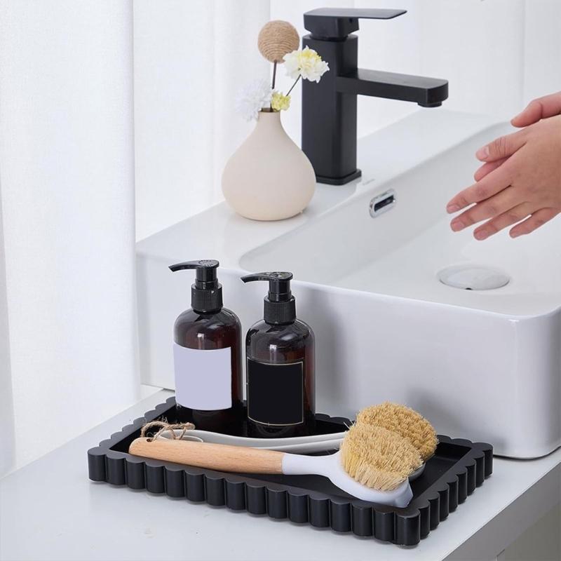 Sink-Side Tray for Bathroom or Kitchen Counter, Freestanding Catchall with Raised Scalloped Border for Soap and Bottles