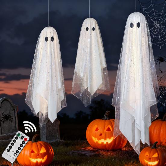 3Pcs/Set Halloween Decorations Hanging Ghost Decor with Light Remote Control Indoor/Outdoor Halloween Ornaments