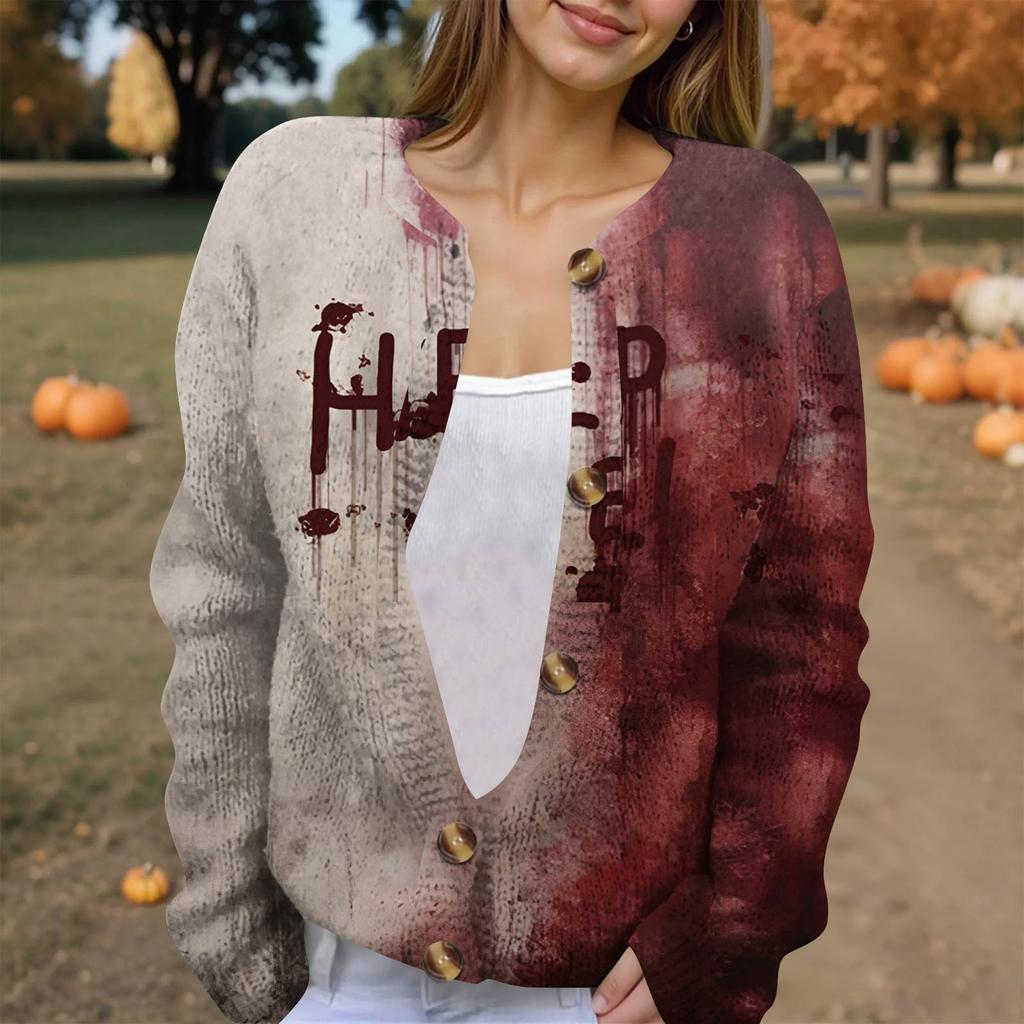 Moda feminina estampada manga comprida malha cardigan botão para baixo jaqueta