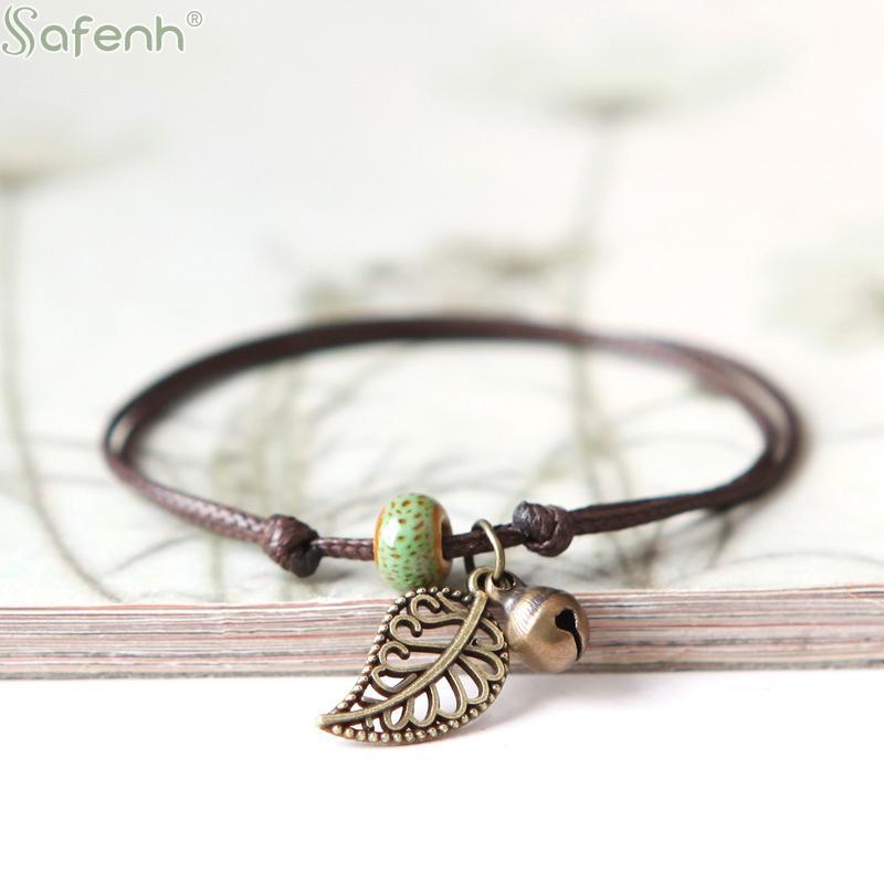 Ethnic Style Anklet For Women Vintage Bronze Leaf & Bell With Colorful Ceramic Bead Pendant On Leather Rope