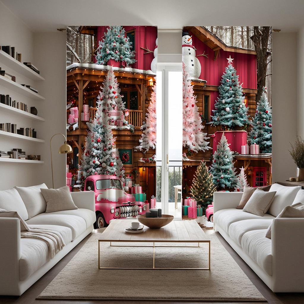 2pcs  Set HD Christmas Snow Tree Pink Truck Decorative Curtain Red Tie Digital Printed Curtain Home Decoration Style Decorate