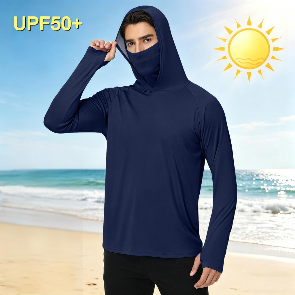 Men's Casual Outdoor Hooded Long Sleeve Sun Protection Shirt Lightweight Breathable Quick Dry UV Resistant Top for Sports Hiking