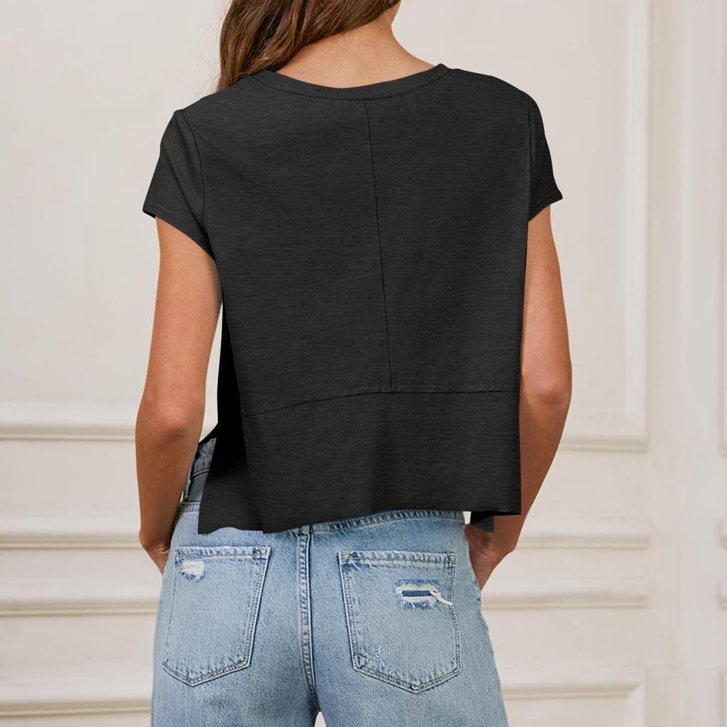 Damen Sommer Kurzarm Crop Tops Seitenschlitz Sportlich Fitnessstudio Workout Yoga T-Shirts