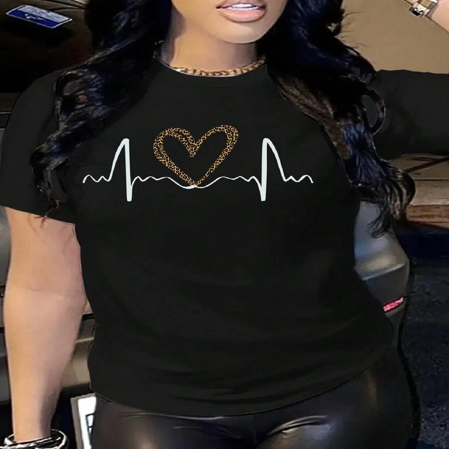 Новая женская футболка из чистого хлопка с принтом в виде сердца с леопардовым принтом, удобная, популярный стиль для пляжного отдыха и вечеринок S чёрный