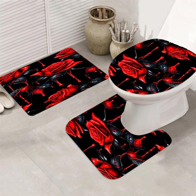 Crimson Rose Shower Curtain Set With Non-Slip Bath Mat, U-Shaped Toilet Rug, Toilet Lid Cover, Durable Water-Resistant Polyester