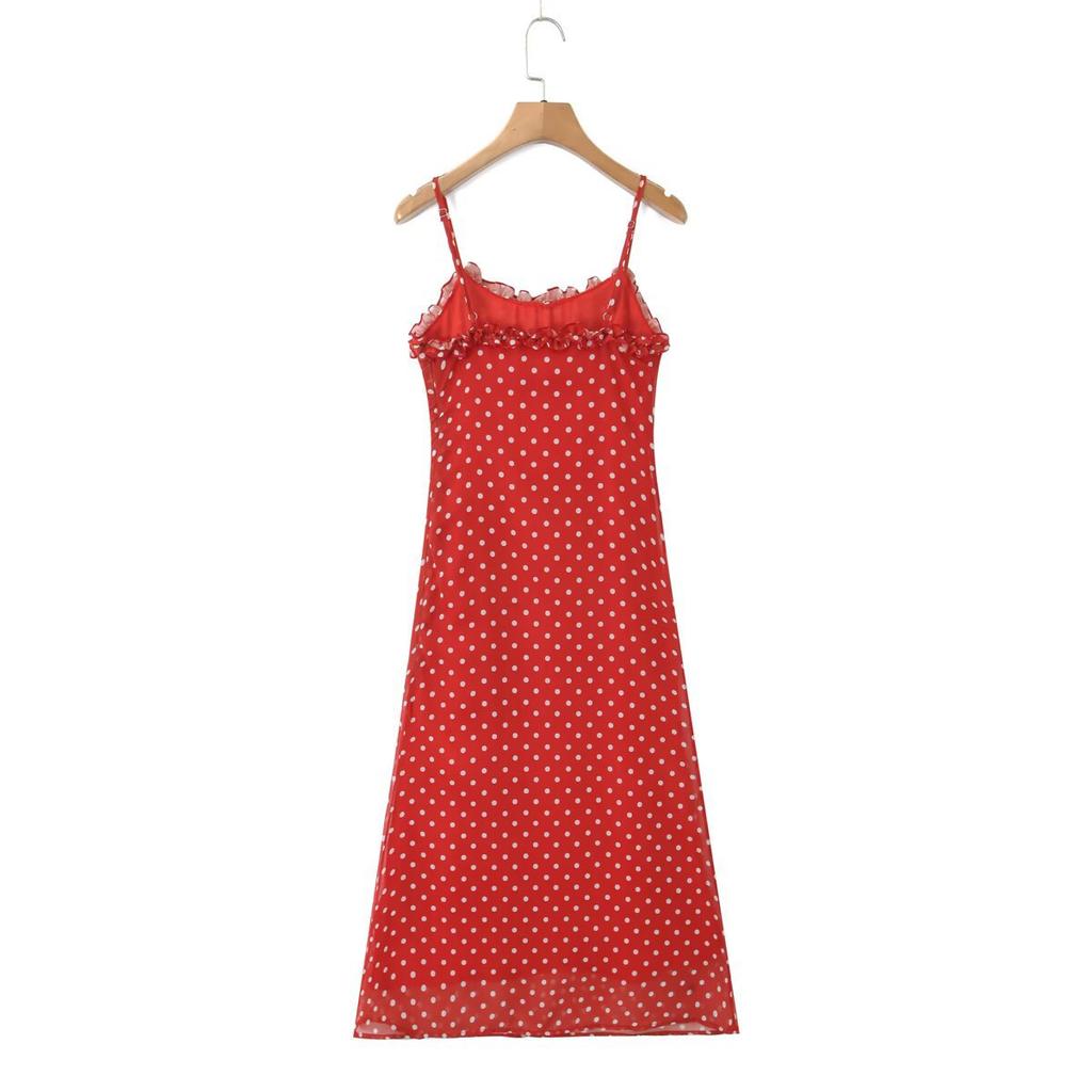 French Retro Vacation Ruffle Edge Suspender Dress Women's Spring and Summer New Waist Slim Red Polka Dot Dress