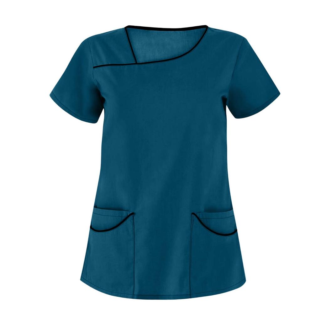 Women's Fashion Solid Short Sleeve Pattern Tops Pocket Working T-shirts