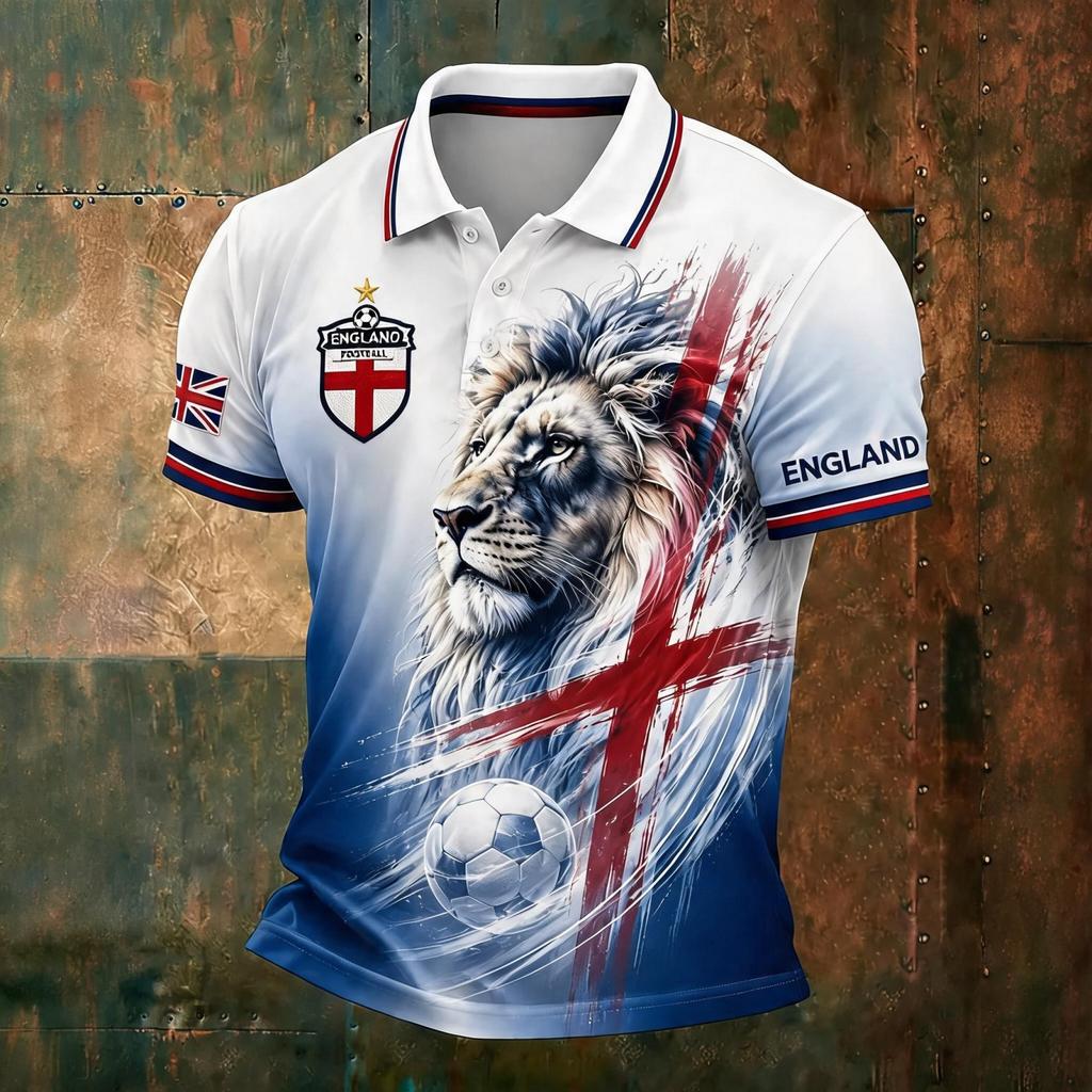 Camiseta Polo Estampada de Fútbol de Inglaterra para Hombre Corte Clásico Manga Corta Camiseta de Fútbol Ropa Deportiva Casual para Hombre