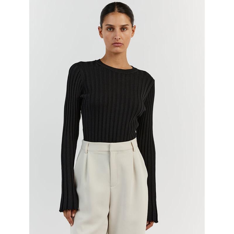 Women's Crewneck Knitted Sweater, Long Sleeve Pitted Stripe Base Layer, Solid Color Tight Autumn and Winter Top