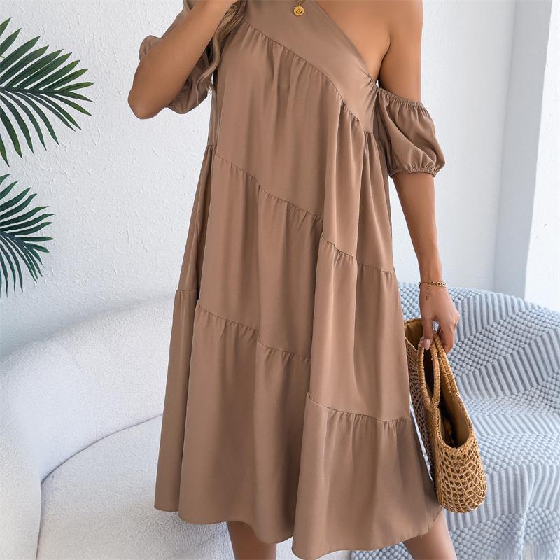 2026 Spring Summer Women's Off Shoulder Short Sleeved Ruffled Hem Long Skirt S-XL