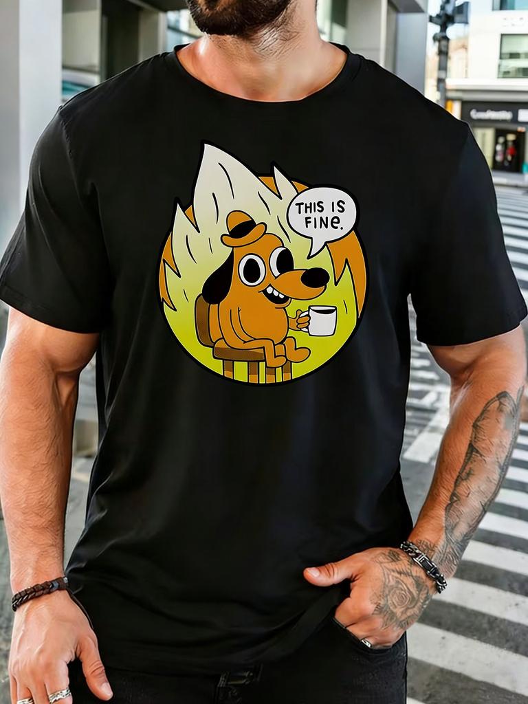 Unisex Rotes Rundhals-T-Shirt Klassisch This Is Fine Meme Hund Flammen Hintergrunddruck Locker Sommer Streetwear Lässig Kurzarm Basic Oberteil