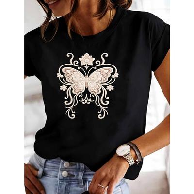 T-shirt Estiva da Donna a Maniche Corte con Ricamo di Farfalle e Fiori, Adatta per l'Uso Quotidiano all'Aperto, Streetwear e Moda Casual.