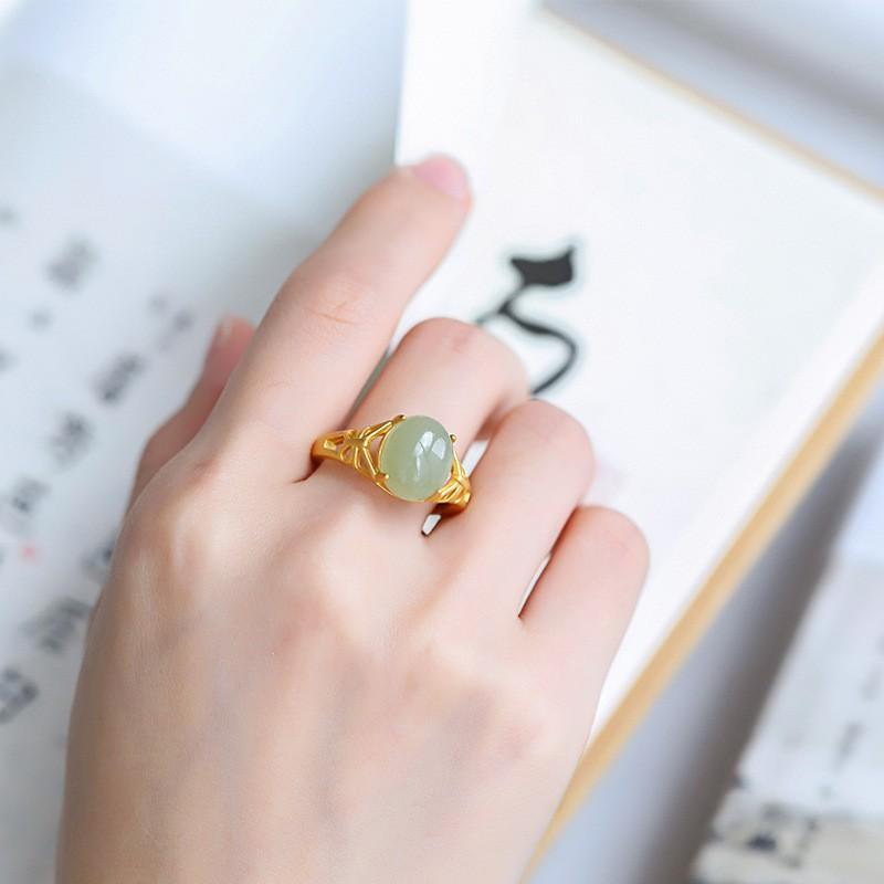 Adjustable Open Ring Women Men Copper Gold Plated Jade Butterfly Filigree Vintage Boho Jewelry