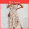 Summer Print Halter Sleeveless Womens Square Neck Pleated Ankellength Dress
